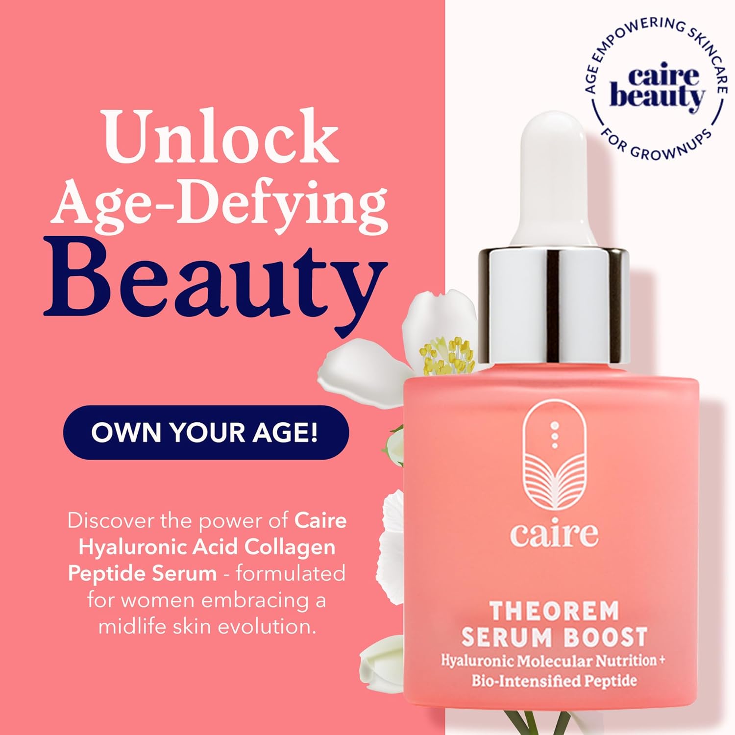 Caire ‘Own Your Age’ Hyaluronic Acid Peptide Deep Infusing Serum for Face, Eyes + Neck | Wrinkle Fighting, Collagen Generation for Women Over 40 | 30ml